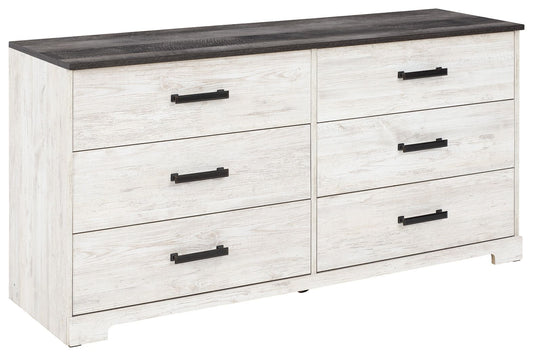 Shawburn - White / Black / Gray - Six Drawer Dresser - Pewter - tone pulls - Hornell Furniture Outlet