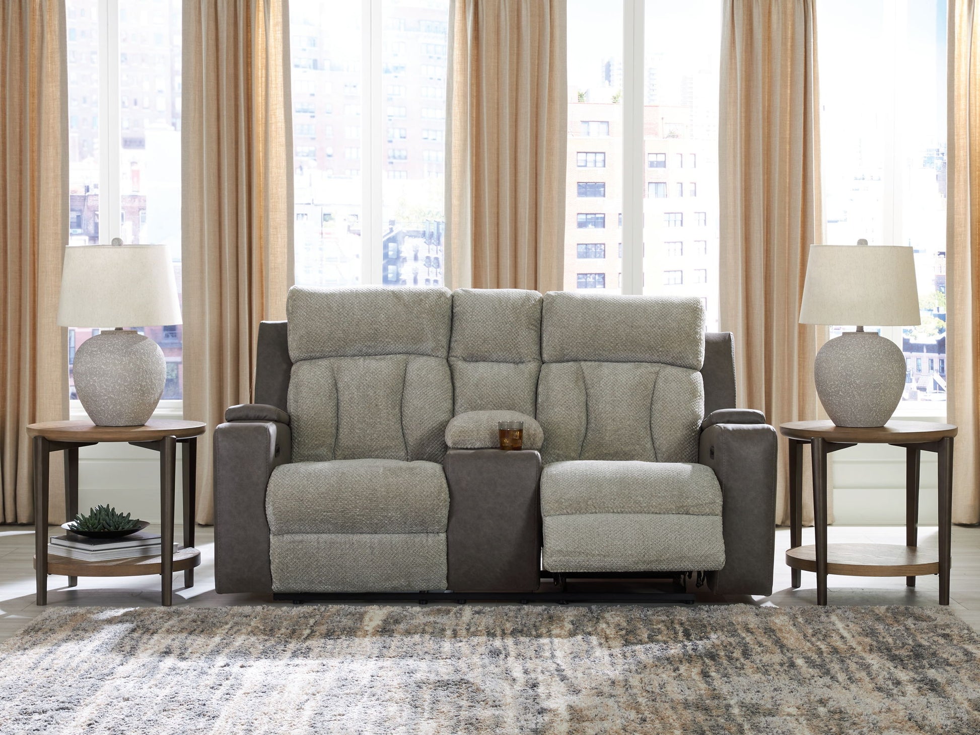 WhipLash - Sisal - Power Reclining Loveseat With Console / Adj Headrest - Hornell Furniture Outlet