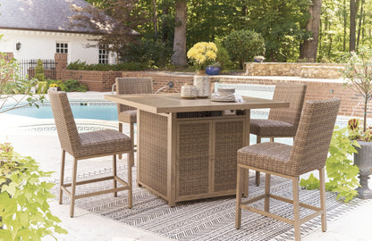 Walton Bridge - Driftwood - 5 Pc. - Square Bar Table W/Fire Pit, 4 Barstools - Hornell Furniture Outlet