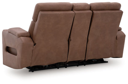 Clean - Slate - Caramel - Power Reclining Loveseat With Console / Adj Headrest - Hornell Furniture Outlet