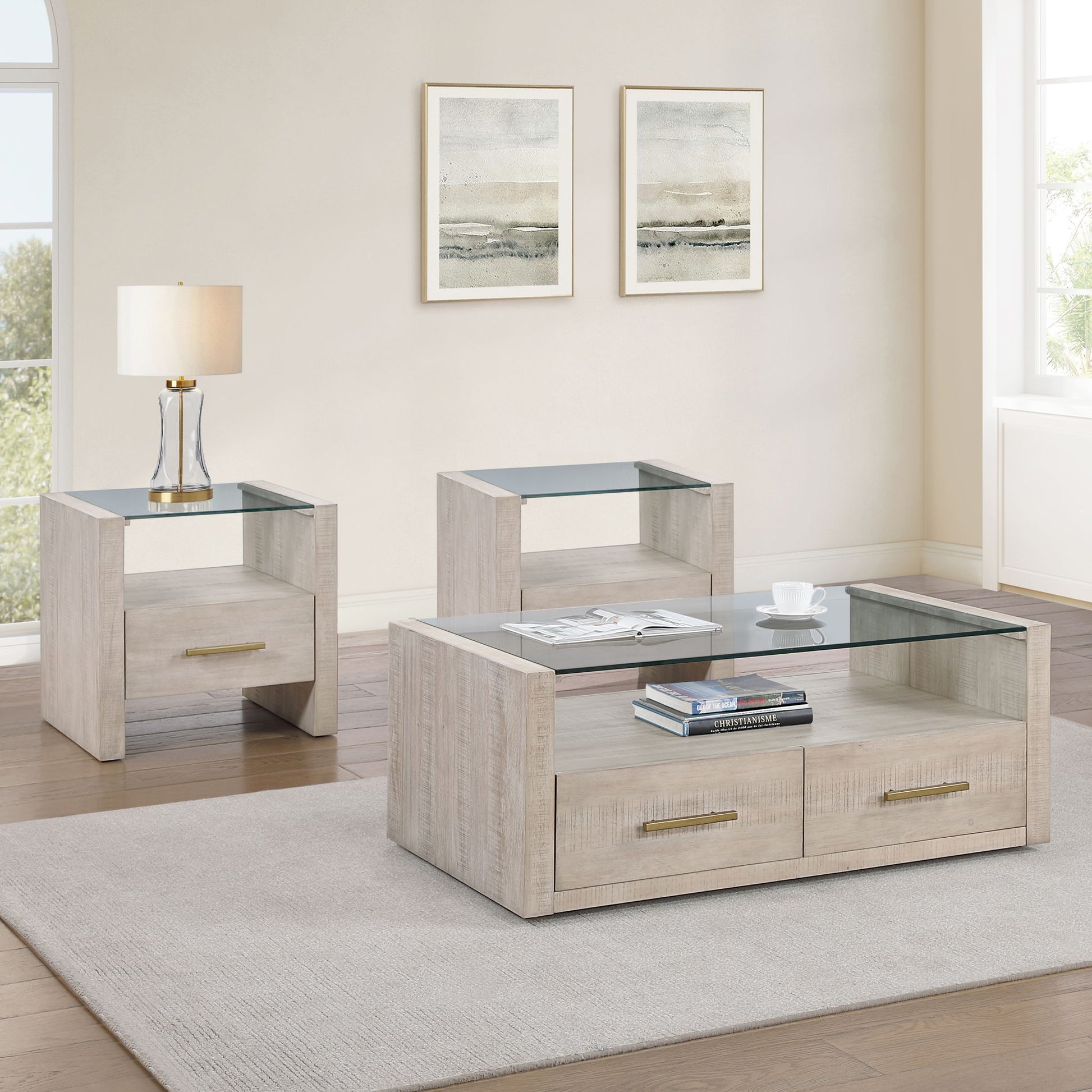 Garland - 3 Piece Glass Top Table Set, 2 Ends & Coffee - Washed Parchment - Hornell Furniture Outlet