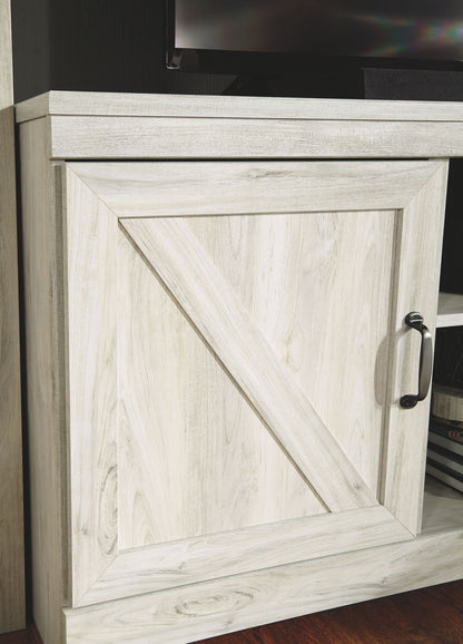 Bellaby - Whitewash - 63" TV Stand With Faux Firebrick Fireplace Insert - Hornell Furniture Outlet