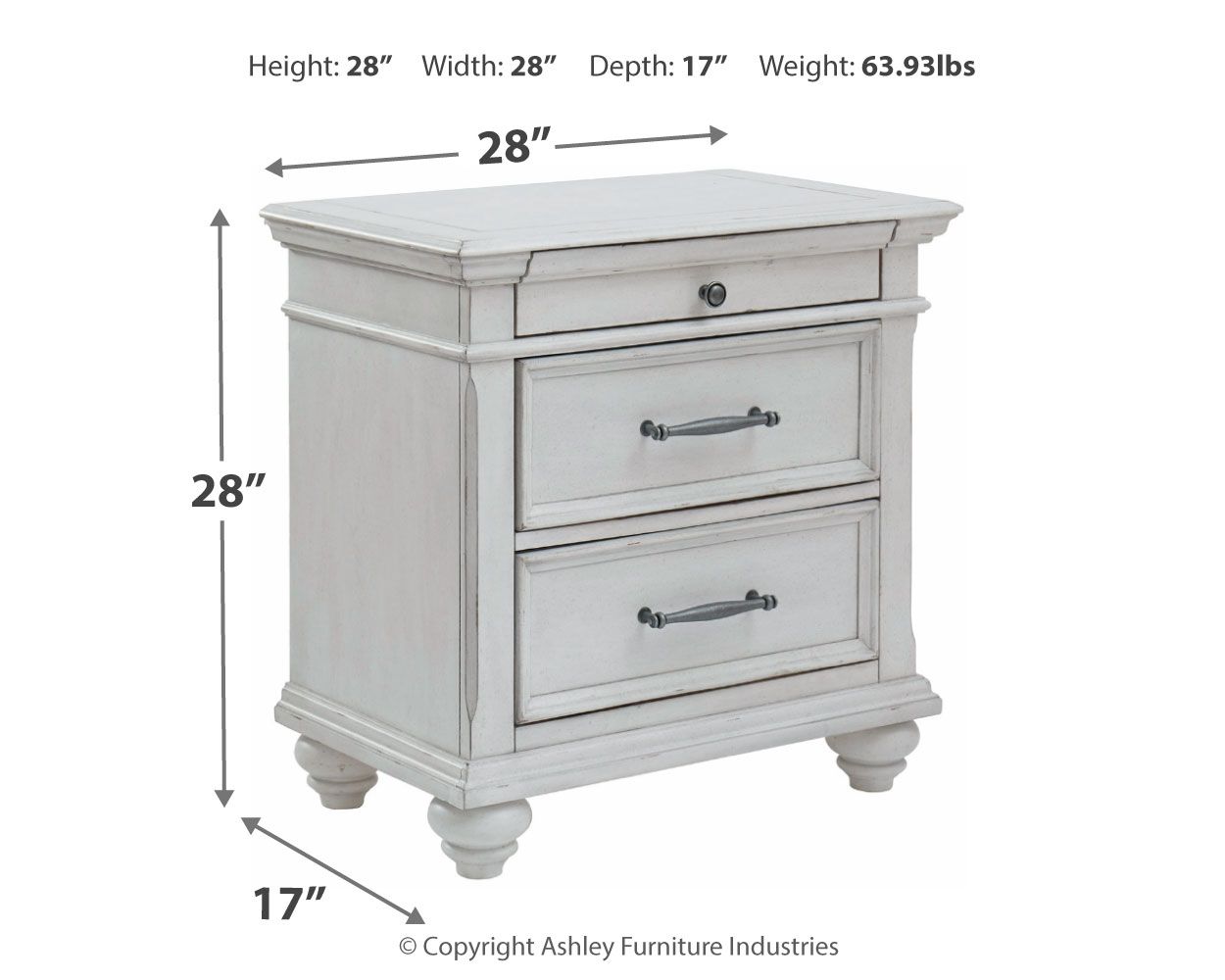 Kanwyn - Whitewash - Three Drawer Night Stand - Hornell Furniture Outlet
