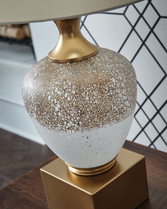Tavisburg - Brown / White / Gold - Glass Table Lamp - Hornell Furniture Outlet