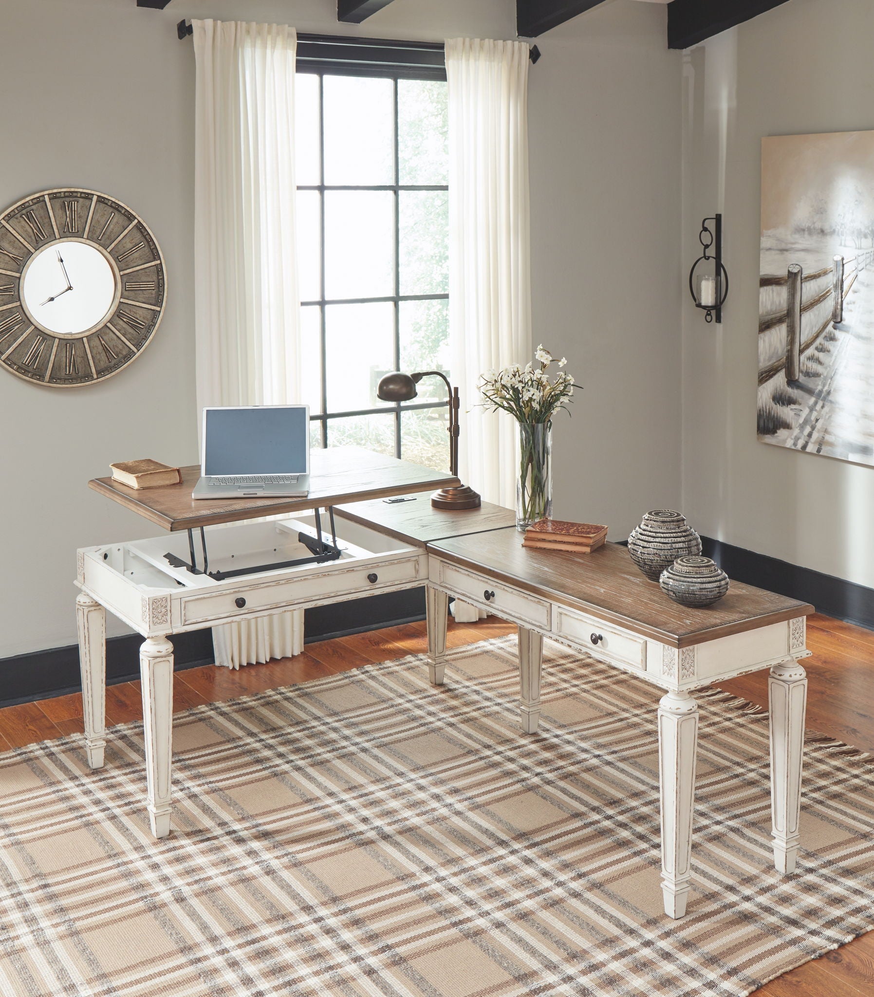 Realyn - White / Brown - L Shaped Desk with Lift Top - Hornell Furniture Outlet