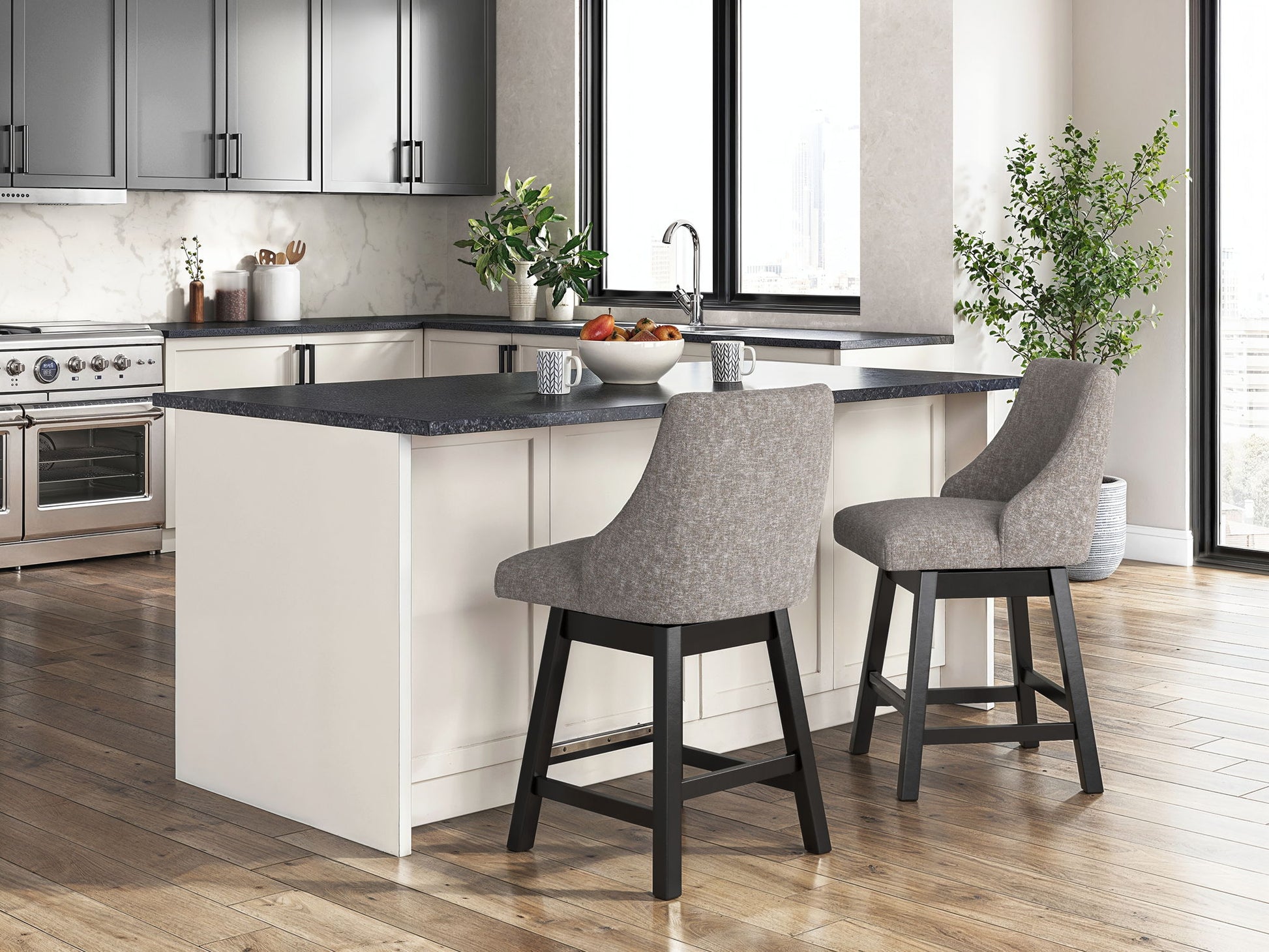 Neymorton - Upholstered Swivel Barstool (Set of 2) - Dark Grayish Brown - Hornell Furniture Outlet
