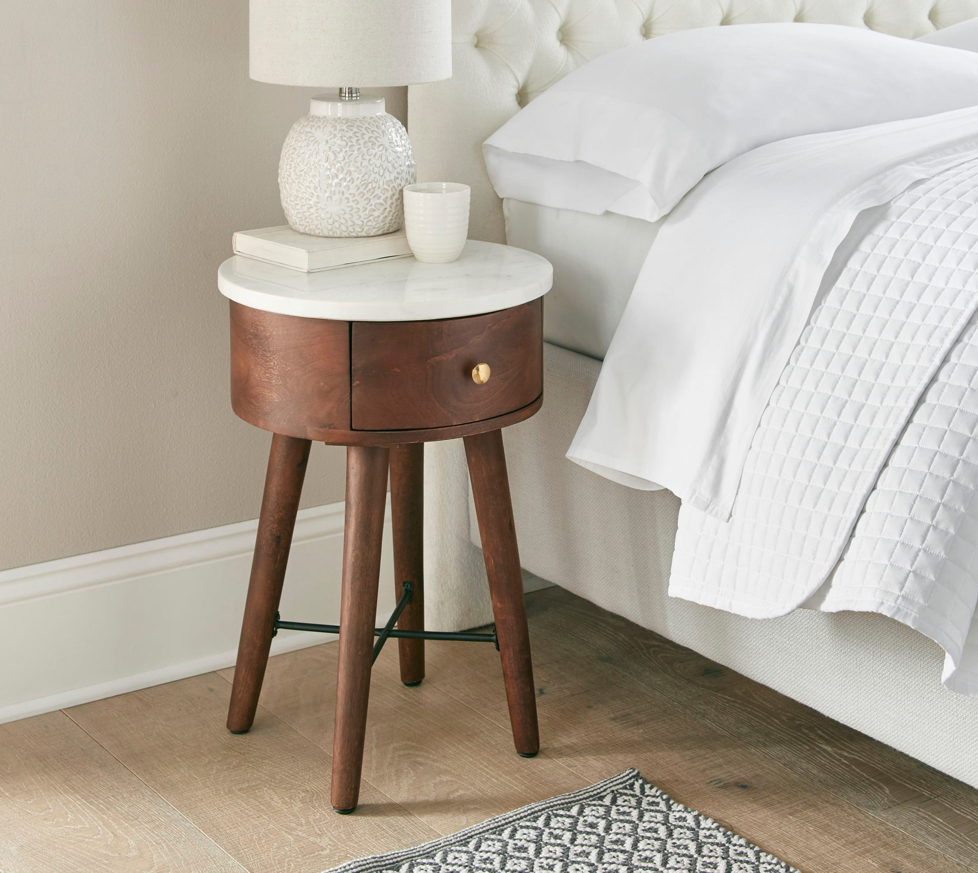 Bangalore - White Marble Top Round End Table - White - Hornell Furniture Outlet