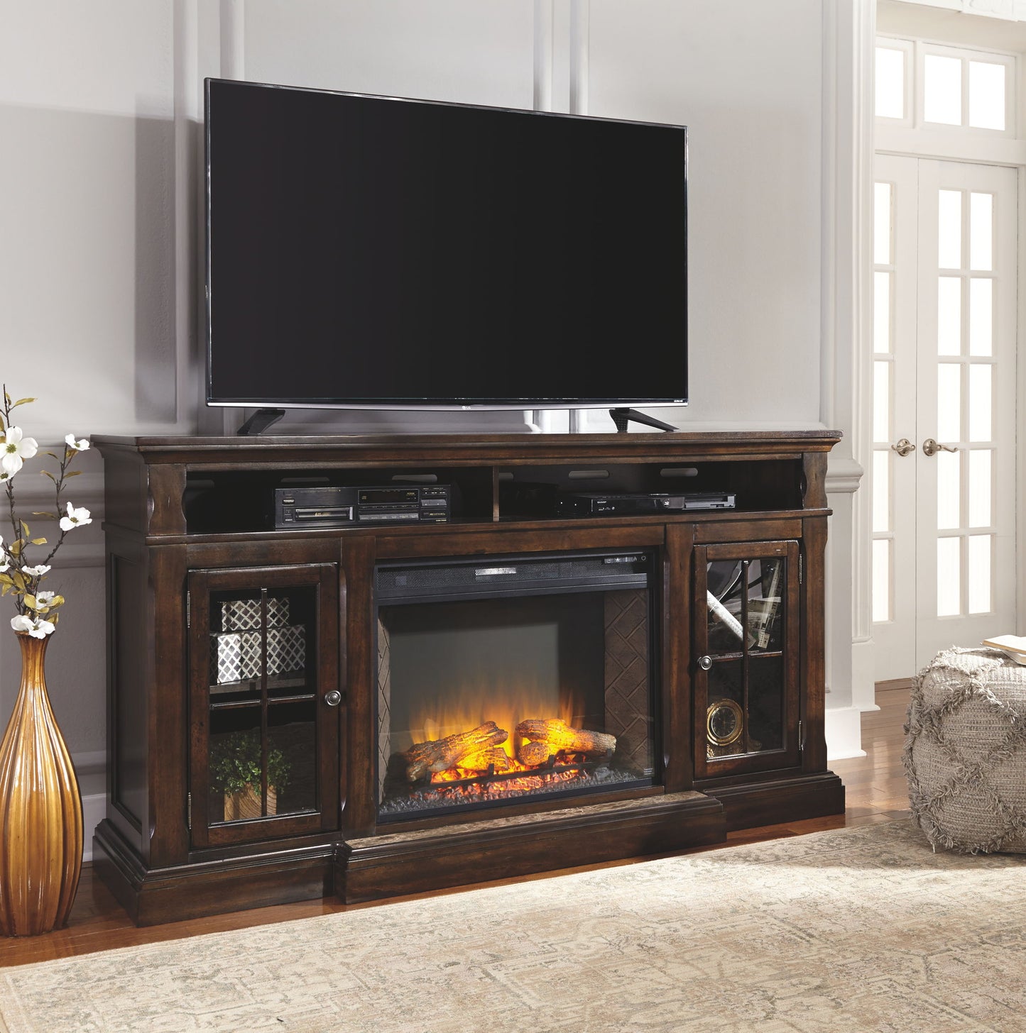 Roddinton - Dark Brown - XL TV Stand w/Fireplace Option - Hornell Furniture Outlet