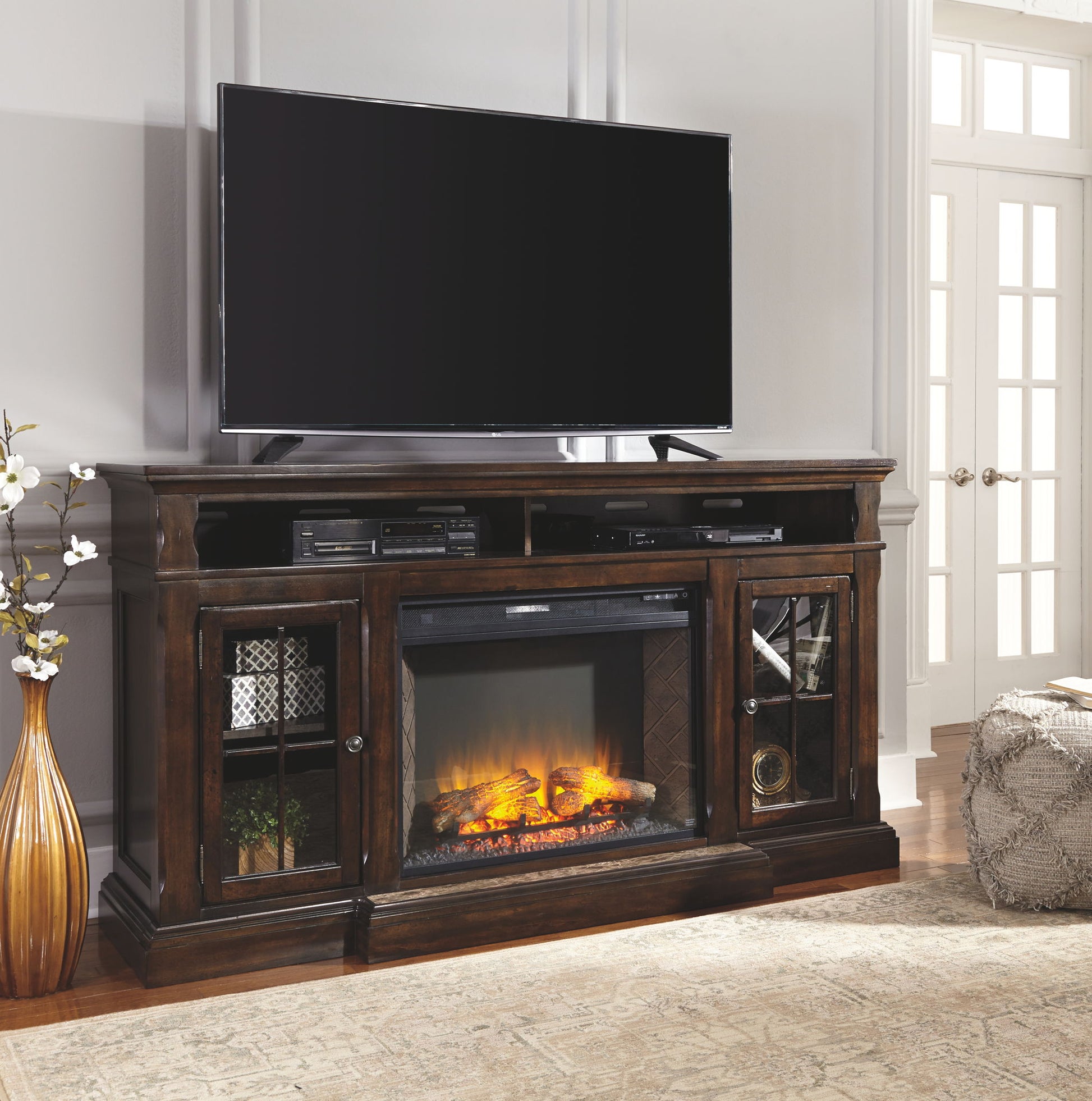 Roddinton - Dark Brown - XL TV Stand w/Fireplace Option - Hornell Furniture Outlet