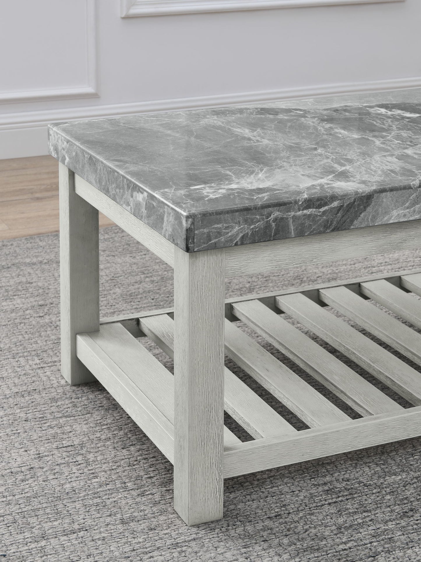 Canova - Gray Marble Top Coffee Table - White - Hornell Furniture Outlet