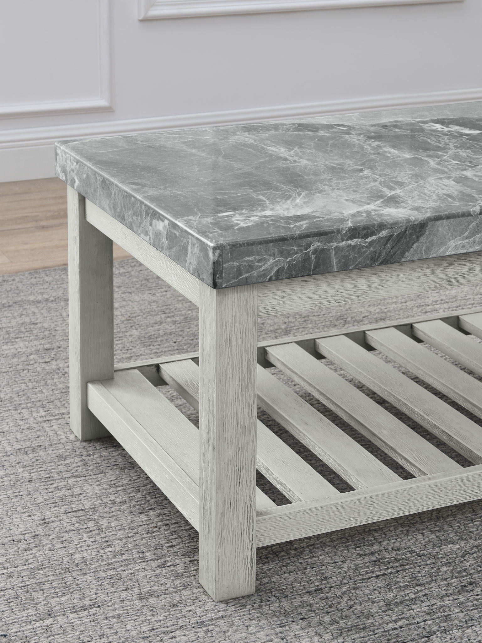 Canova - Gray Marble Top Coffee Table - White - Hornell Furniture Outlet