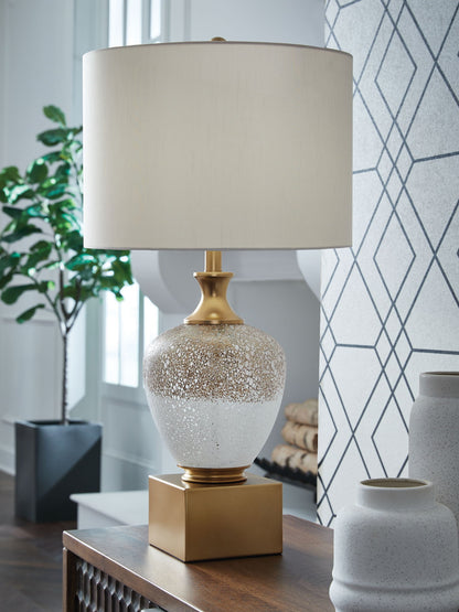 Tavisburg - Brown / White / Gold - Glass Table Lamp - Hornell Furniture Outlet