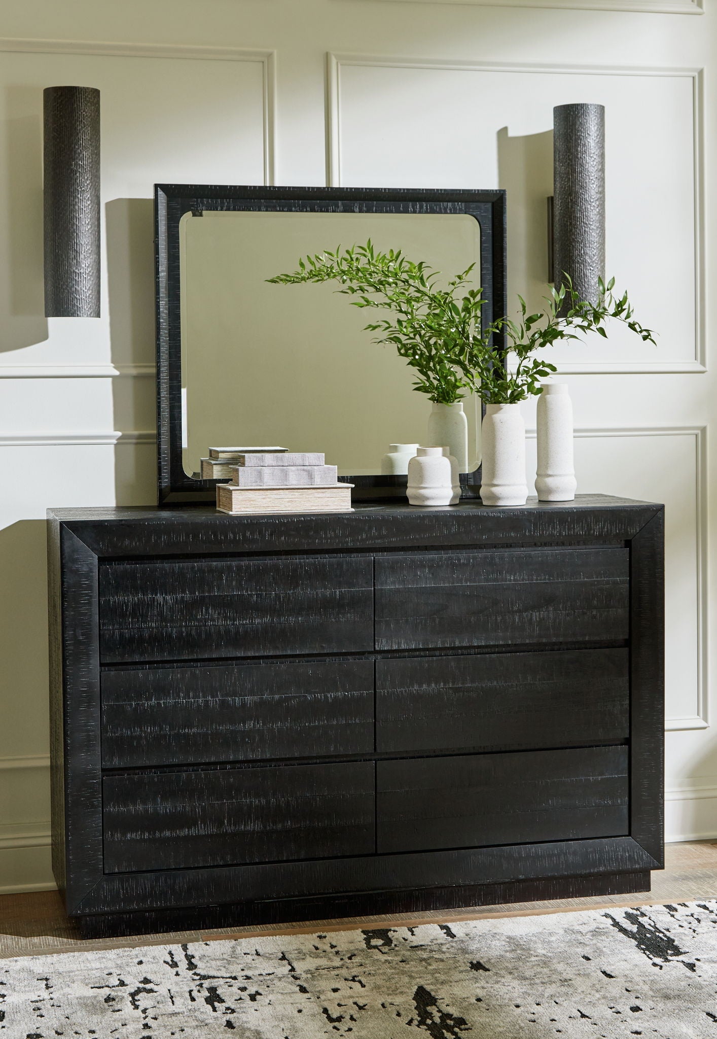 Londer - Black - Dresser And Mirror - Hornell Furniture Outlet