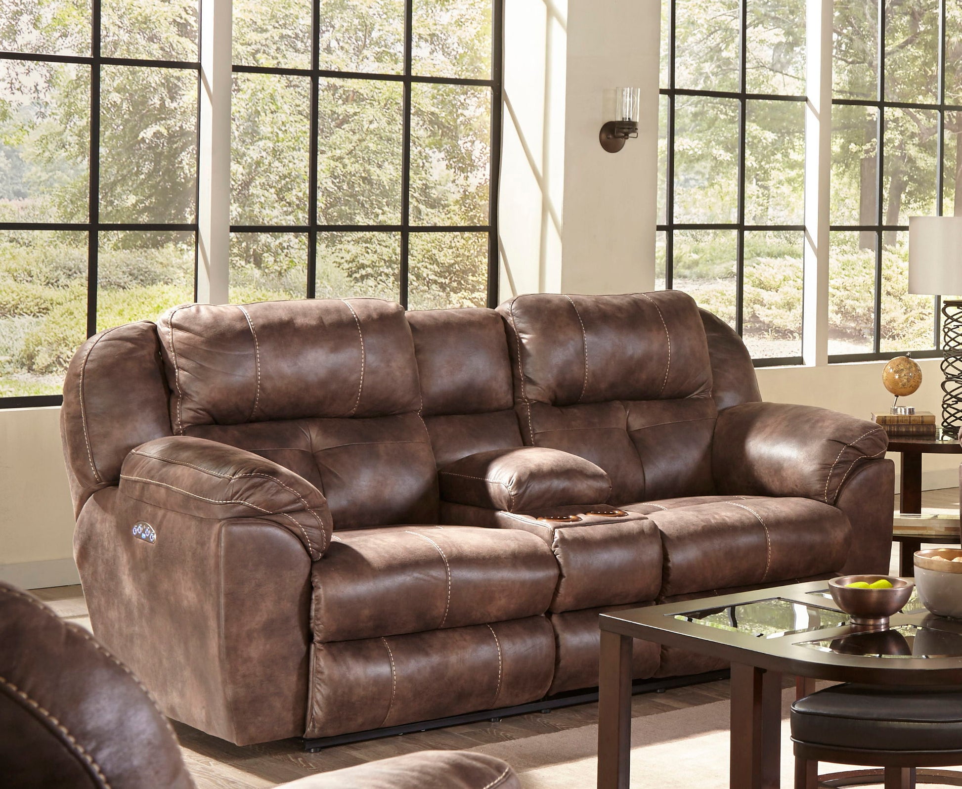 Ferrington - Power Lay Flat Reclining Console Loveseat with Power Adjustable Headrest - Hornell Furniture Outlet