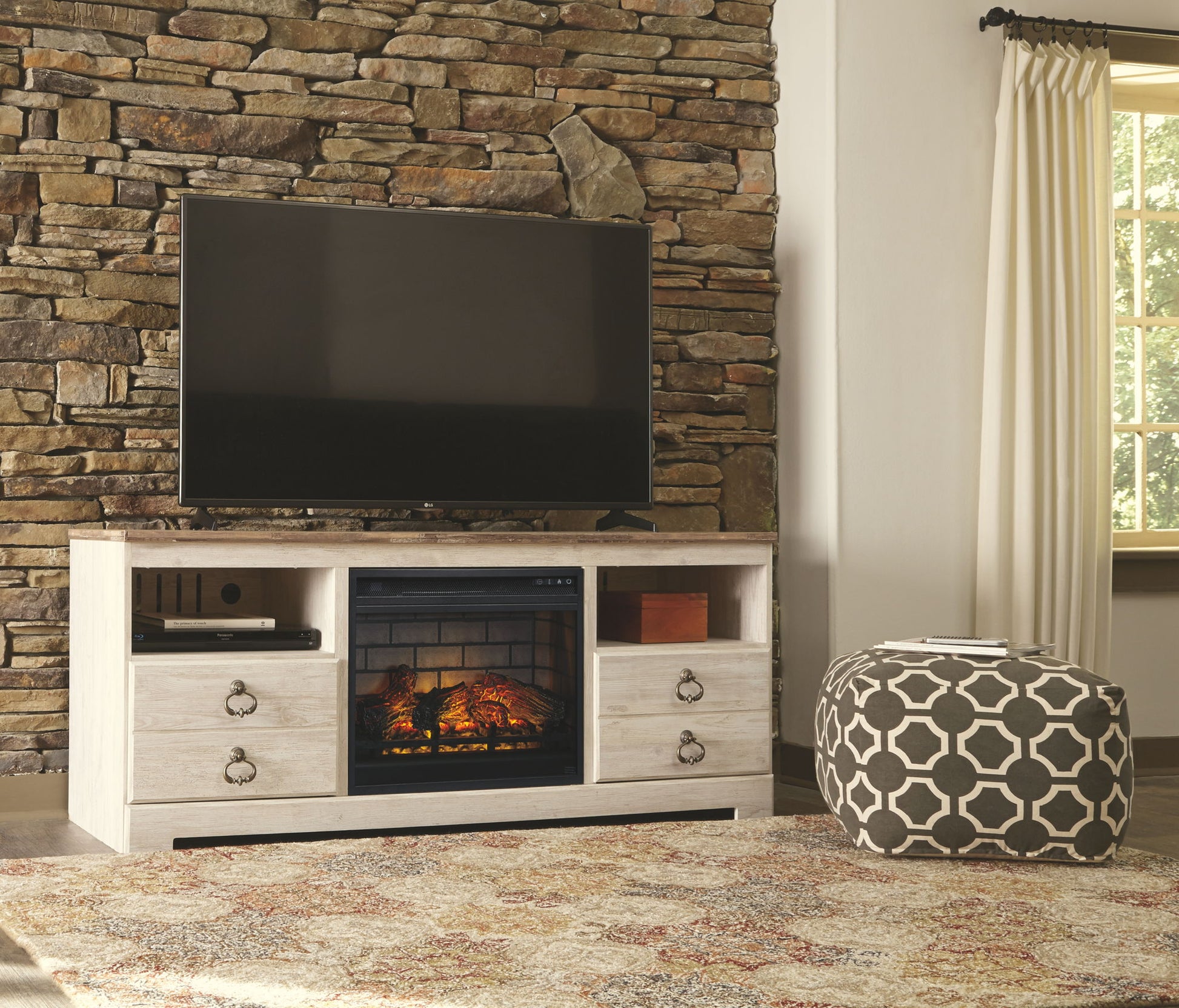 Willowton - Whitewash - 2 Pc. - 64" TV Stand with Faux Firebrick Fireplace Insert - Hornell Furniture Outlet