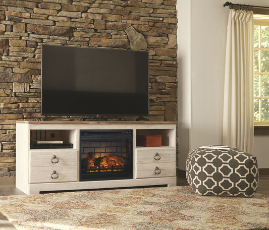 Willowton - Whitewash - 2 Pc. - 64" TV Stand with Faux Firebrick Fireplace Insert - Hornell Furniture Outlet
