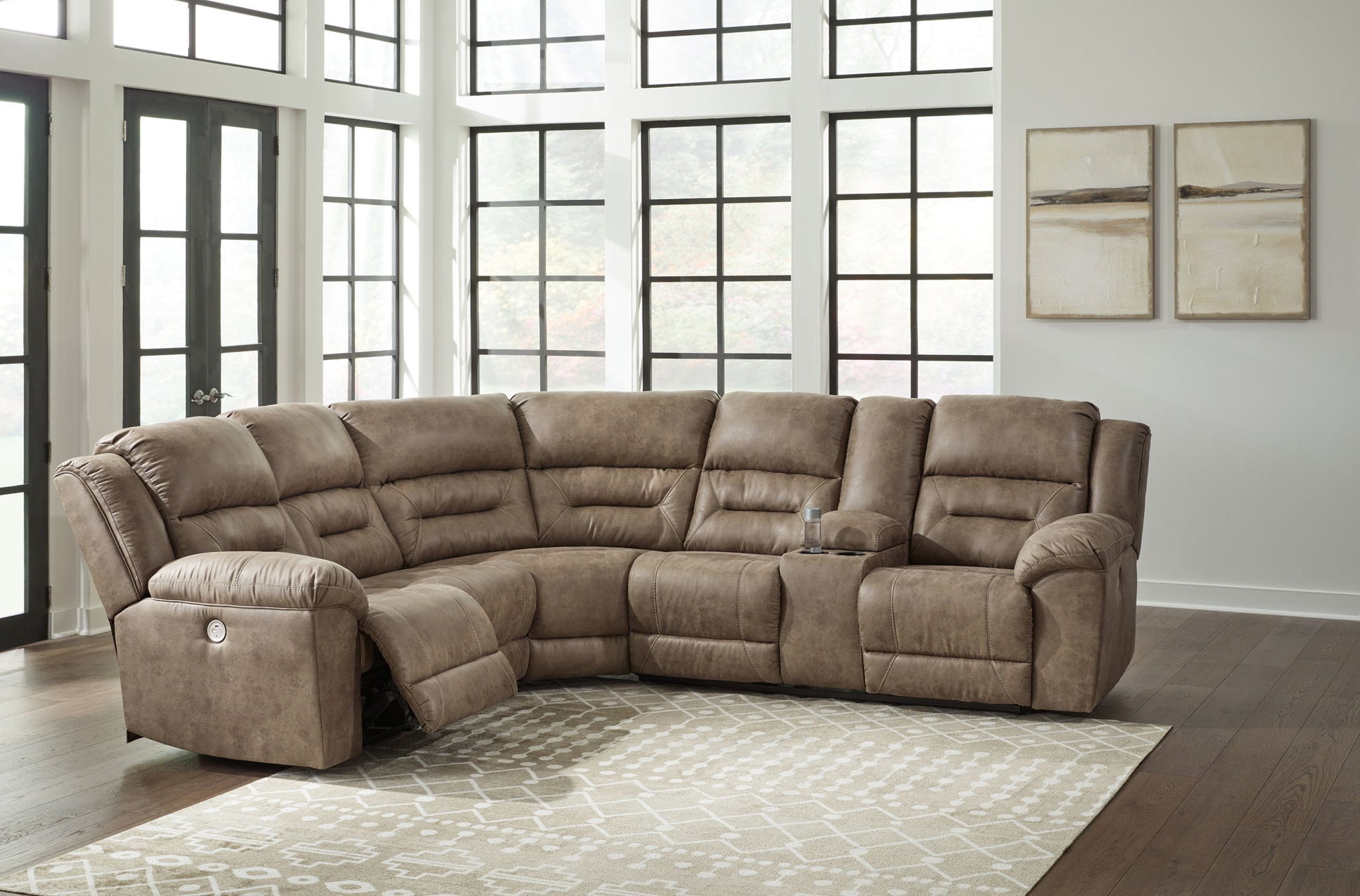 Ravenel - 3 - Piece Power Reclining Sectional With Raf Power Reclining Loveseat With Console - Faux Leather - Fossil - Hornell Furniture Outlet