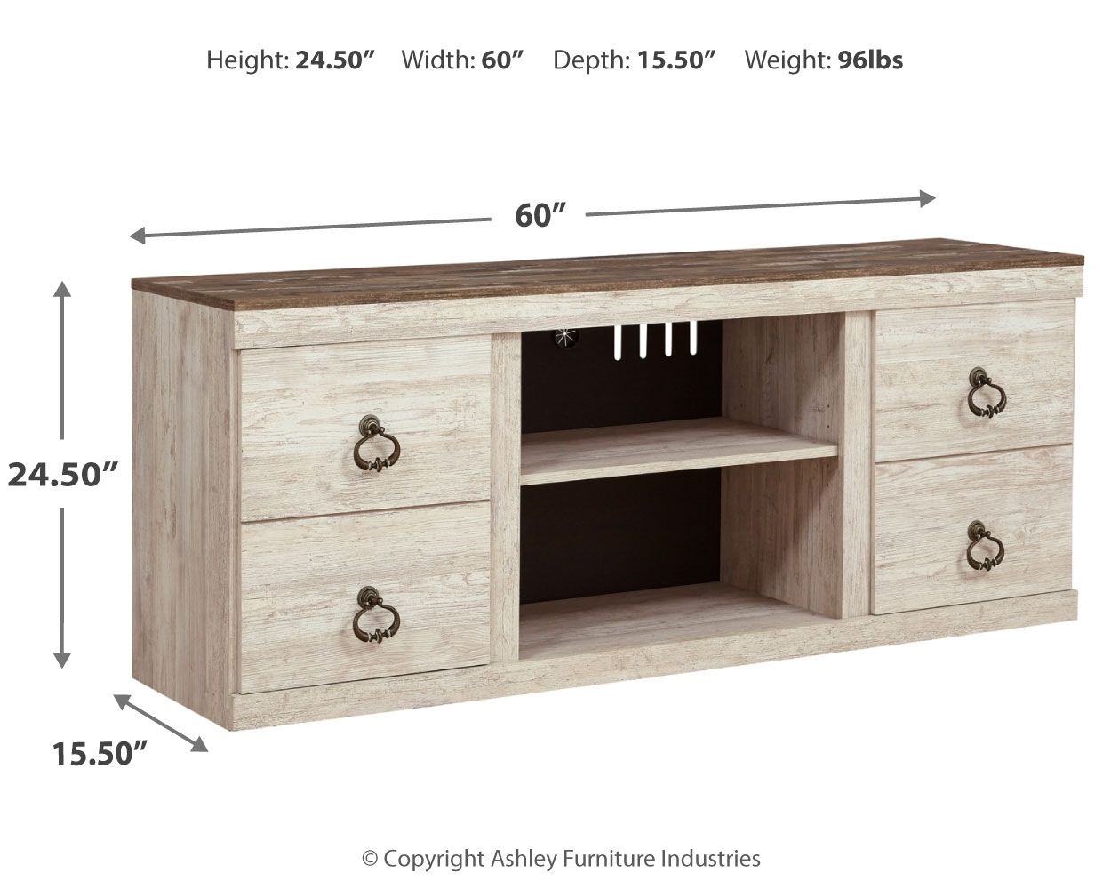 Willowton - Whitewash - 2 Pc. - TV Stand with Faux Firebrick Fireplace Insert - Hornell Furniture Outlet