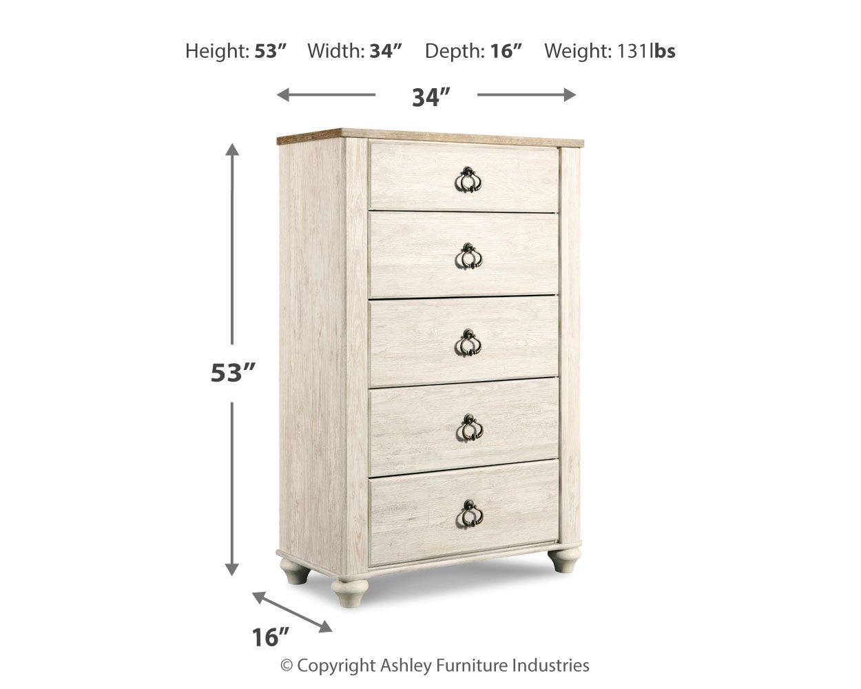 Willowton - Five Drawer Chest - Brown / Beige / White - Hornell Furniture Outlet