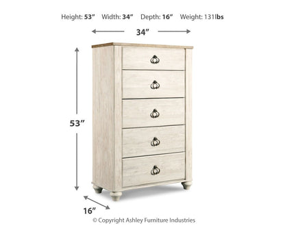 Willowton - Five Drawer Chest - Brown / Beige / White - Hornell Furniture Outlet