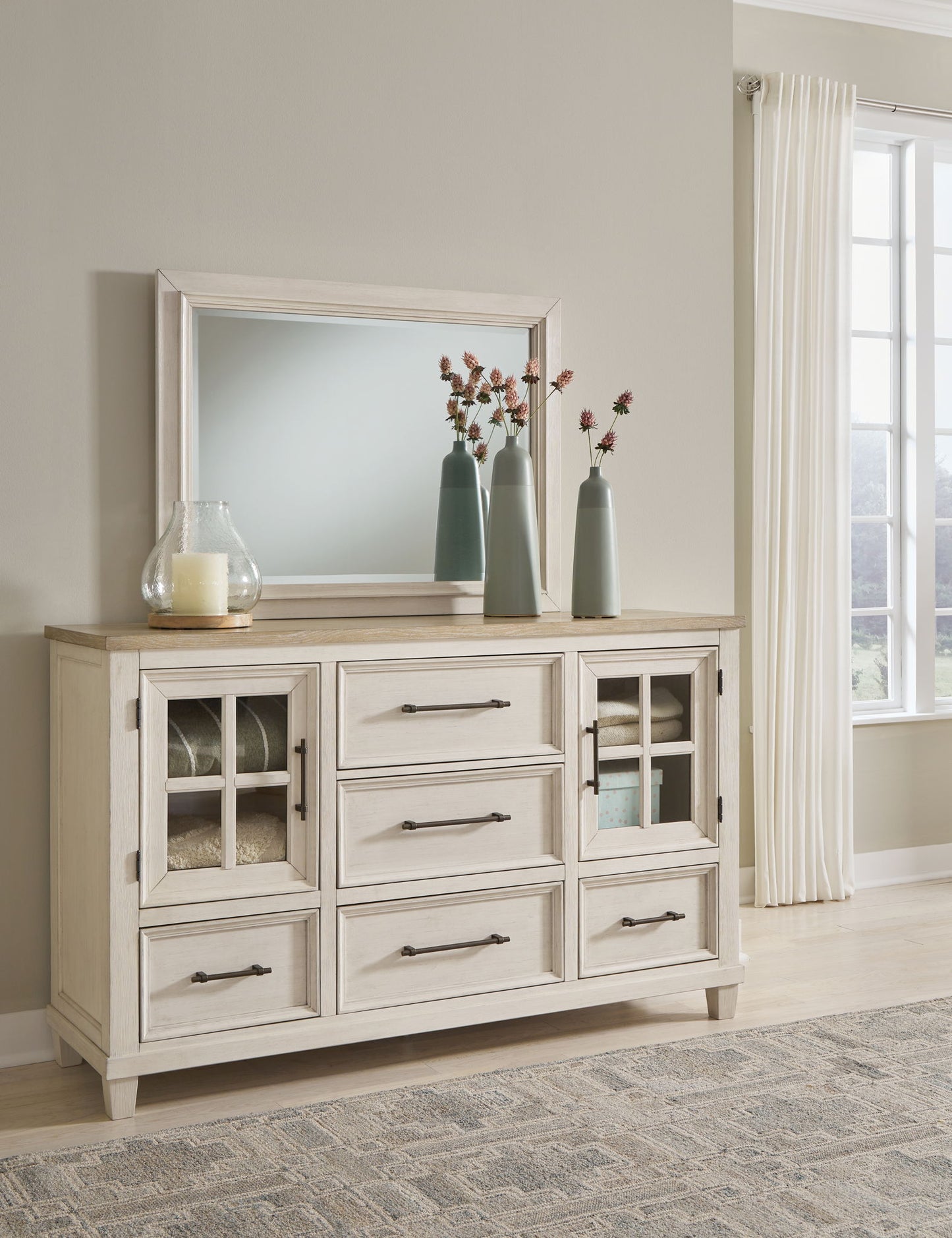 Shaybrock - Antique White / Brown - Dresser And Mirror - Hornell Furniture Outlet
