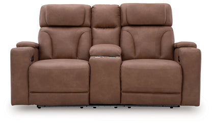 Clean - Slate - Caramel - Power Reclining Loveseat With Console / Adj Headrest - Hornell Furniture Outlet