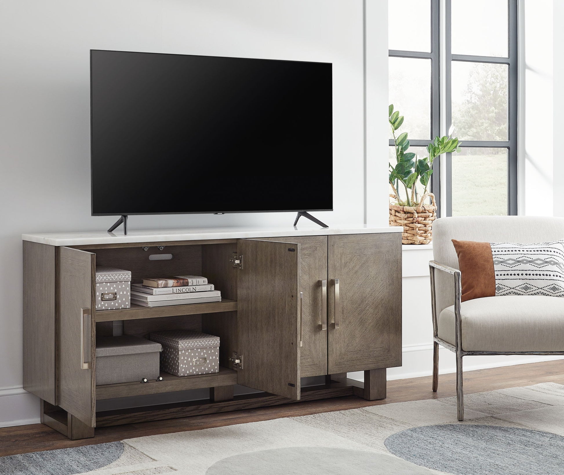 Loyaska - Grayish Brown / White - Extra Large TV Stand - Hornell Furniture Outlet