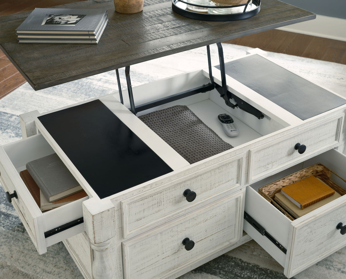 Havalance - White / Gray - Lift Top Cocktail Table with Storage Drawers - Hornell Furniture Outlet
