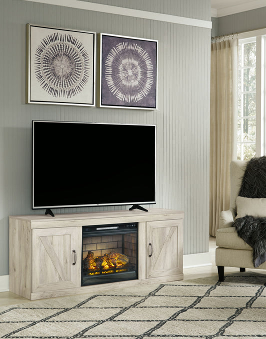 Bellaby - Whitewash - TV Stand With Faux Firebrick Fireplace Insert - Hornell Furniture Outlet