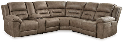 Ravenel - 3 - Piece Power Reclining Sectional With Laf Power Reclining Loveseat With Console - Faux Leather - Fossil - Hornell Furniture Outlet