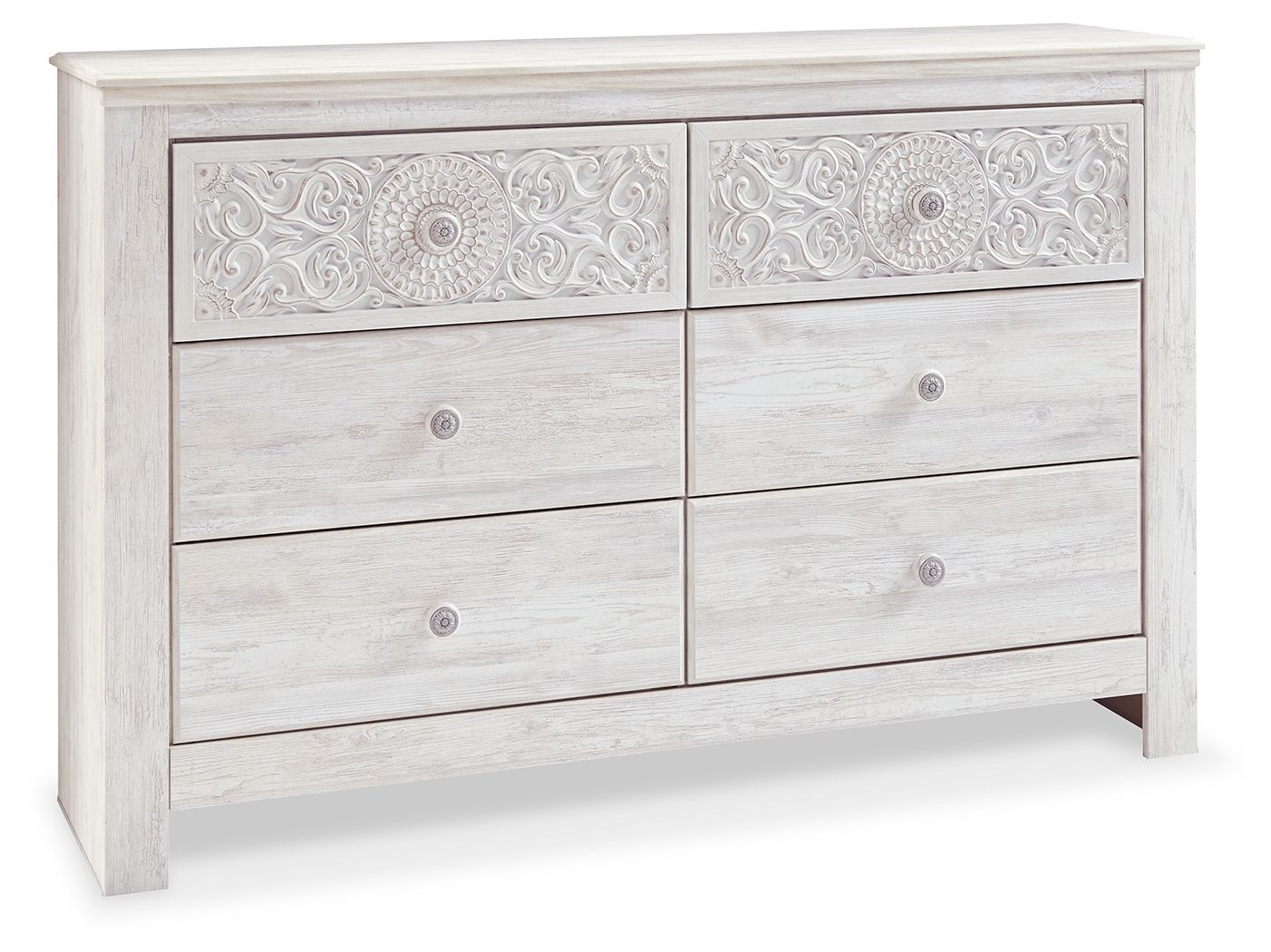 Paxberry - Six Drawer Dresser - Medallion Drawer Pulls - Whitewash - Hornell Furniture Outlet