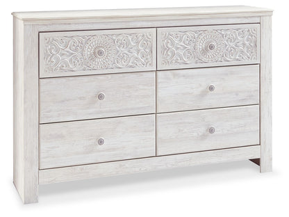 Paxberry - Six Drawer Dresser - Medallion Drawer Pulls - Whitewash - Hornell Furniture Outlet