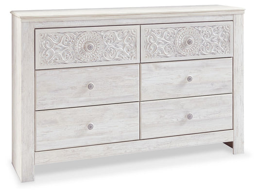 Paxberry - Six Drawer Dresser - Medallion Drawer Pulls - Whitewash - Hornell Furniture Outlet
