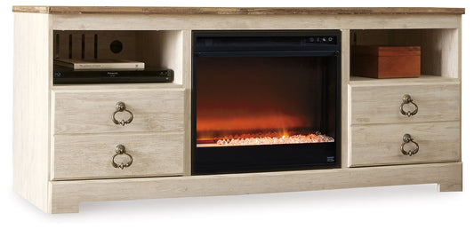 Willowton - Whitewash - 64" TV Stand With Glass/Stone Fireplace Insert - Hornell Furniture Outlet