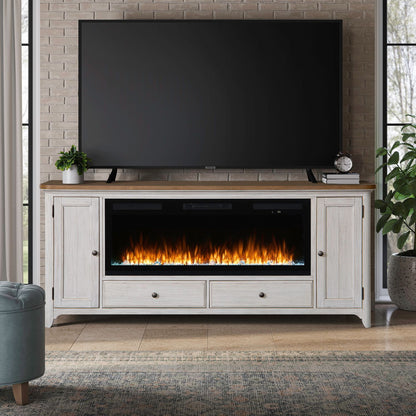 Fireplace TV Consoles - 80" Console With Fire FTS Set - Brown / White - Hornell Furniture Outlet