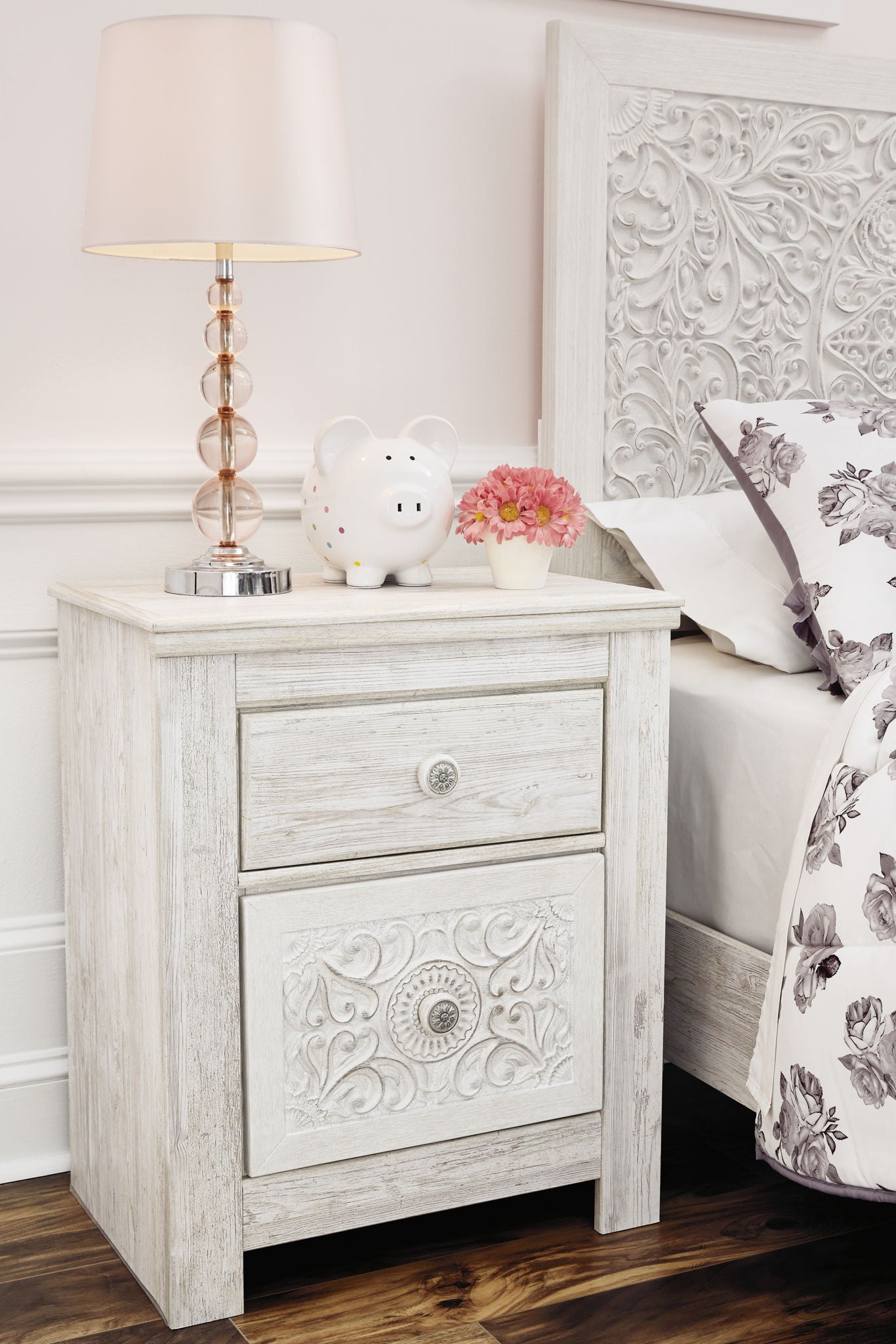 Paxberry - Two Drawer Night Stand - Whitewash - Hornell Furniture Outlet