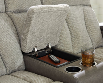 WhipLash - Sisal - Power Reclining Loveseat With Console / Adj Headrest - Hornell Furniture Outlet