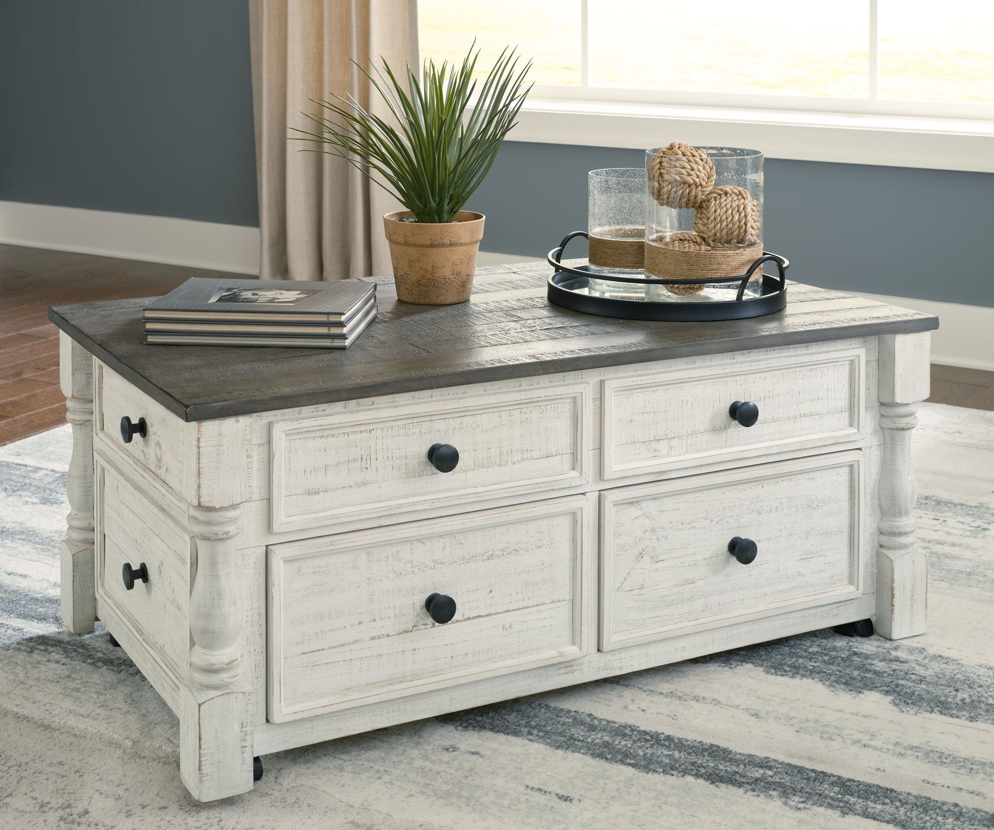 Havalance - White / Gray - Lift Top Cocktail Table with Storage Drawers - Hornell Furniture Outlet