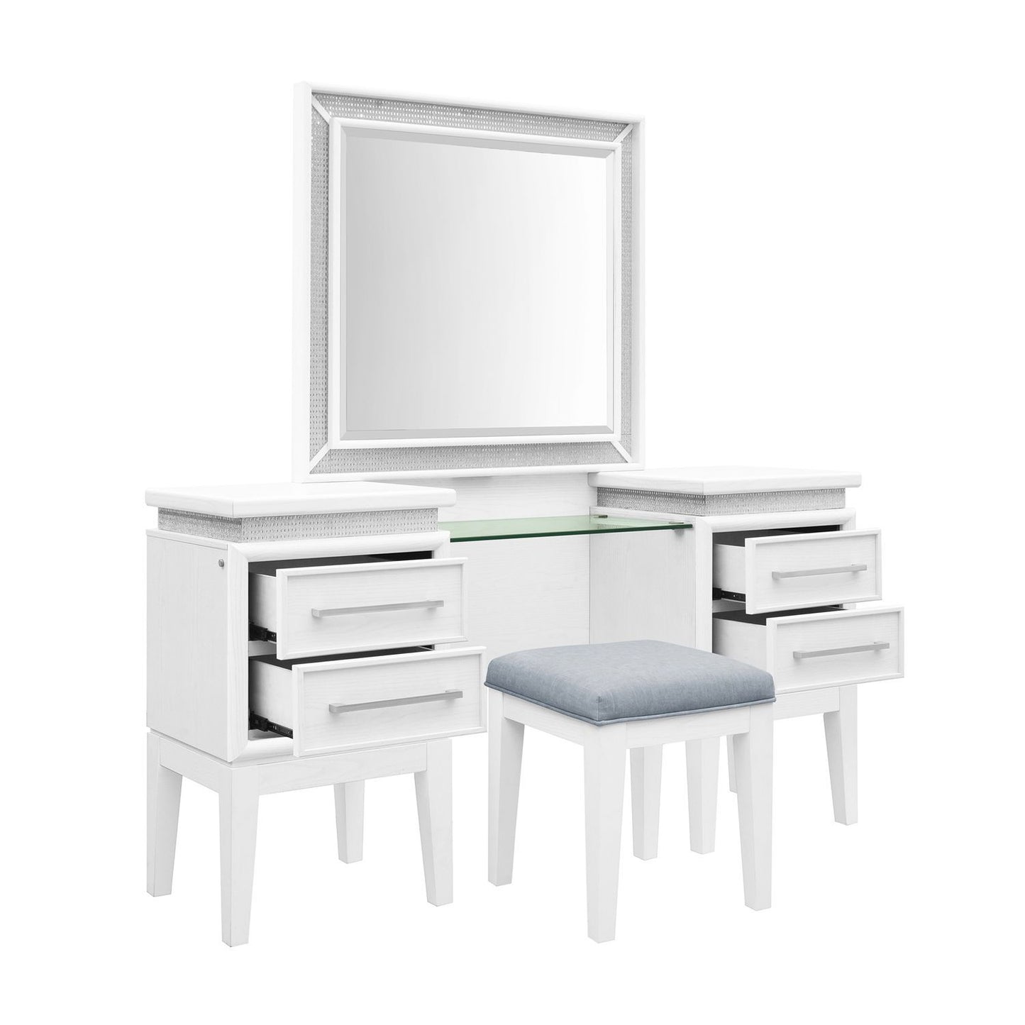 Reflections - 3 Piece Vanity Set - Pearl White & Rhinestone - Hornell Furniture Outlet