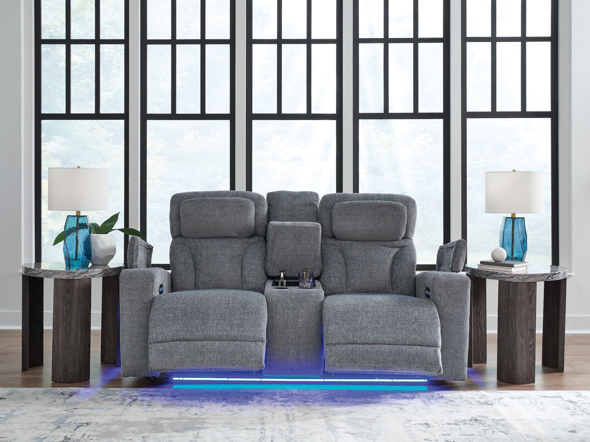 Studio Cave - Steel - Power Reclining Loveseat with Console - Hornell Furniture Outlet