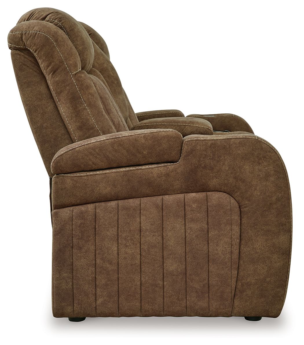 Wolfridge - Brindle - Power Reclining Loveseat With Console /Adj Hdrst - Hornell Furniture Outlet