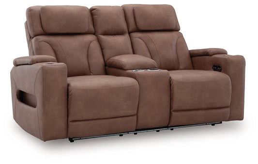Clean - Slate - Caramel - Power Reclining Loveseat With Console / Adj Headrest - Hornell Furniture Outlet