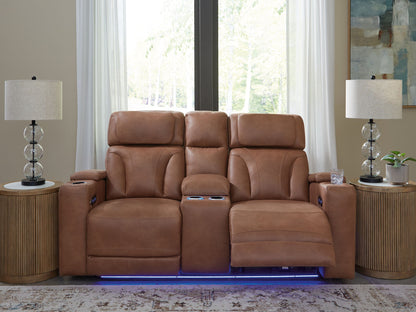 Clean - Slate - Caramel - Power Reclining Loveseat With Console / Adj Headrest - Hornell Furniture Outlet