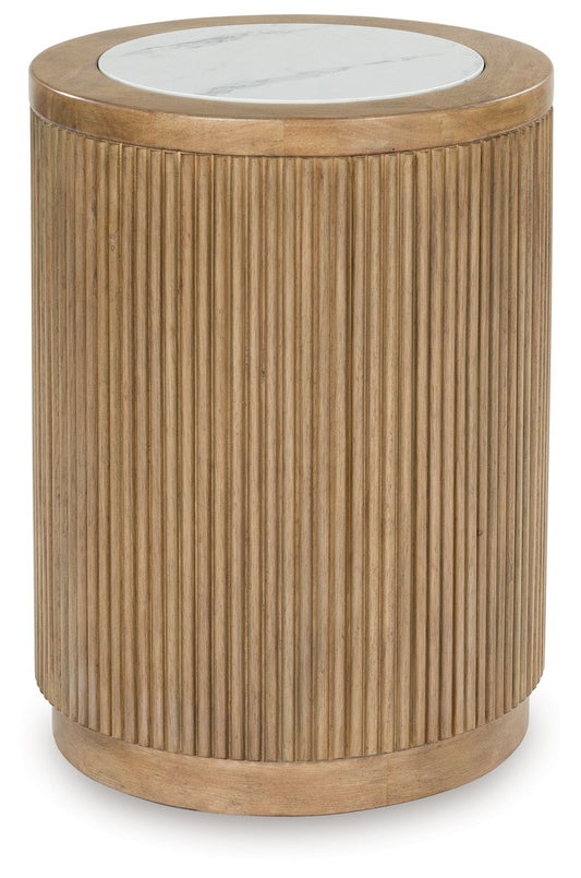 Camdill - Round End Table - Light Brown / White - Hornell Furniture Outlet