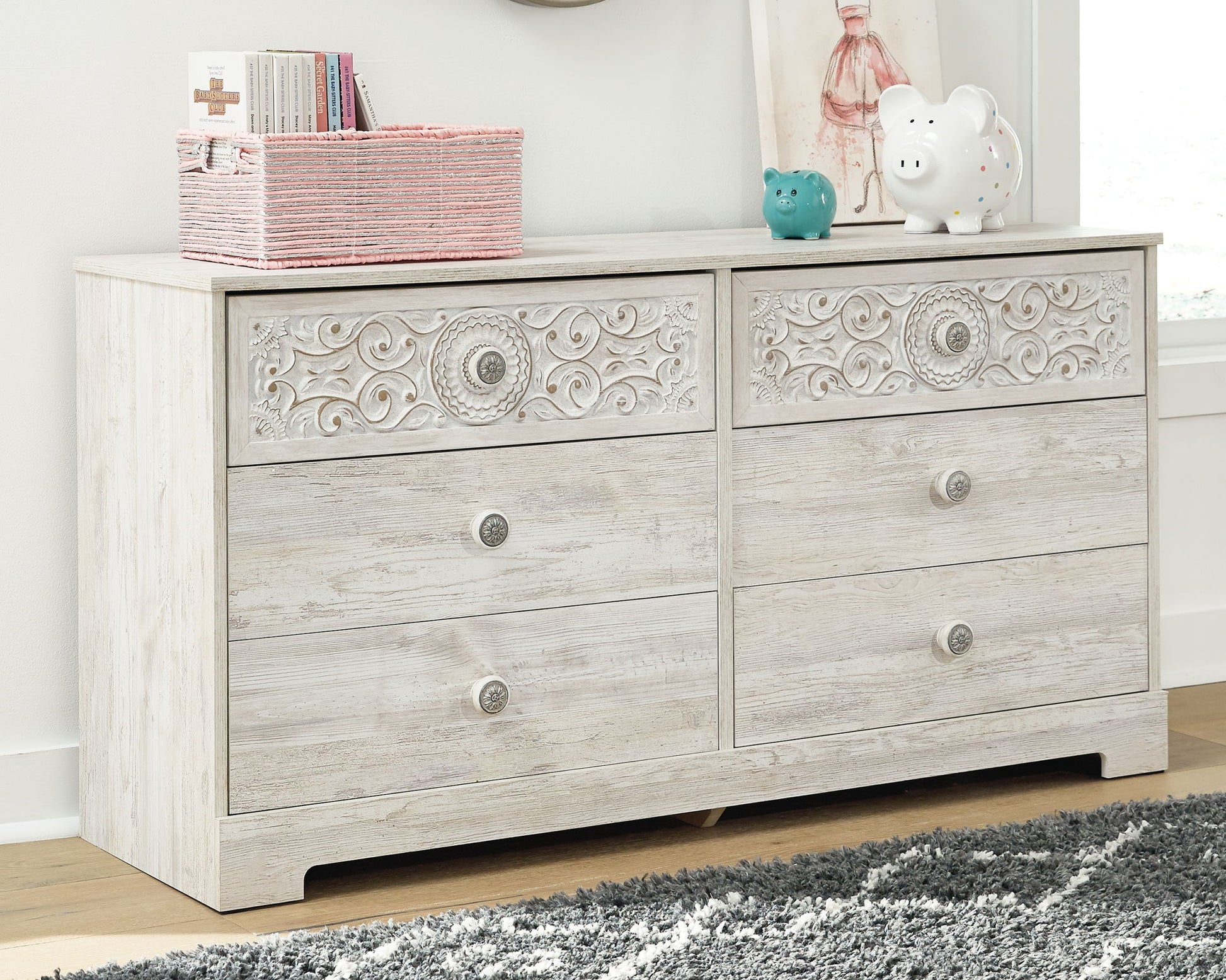 Paxberry - Six Drawer Dresser - Vinyl - Wrapped - Whitewash - Hornell Furniture Outlet