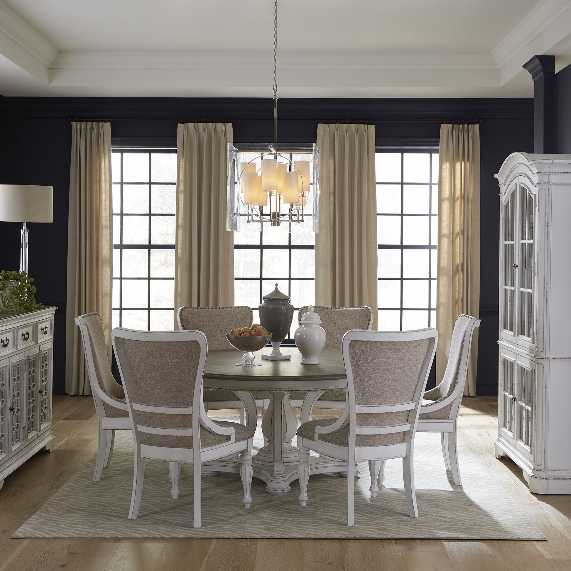 Magnolia Manor - 7 Piece Round Ped Table Set - White - Hornell Furniture Outlet