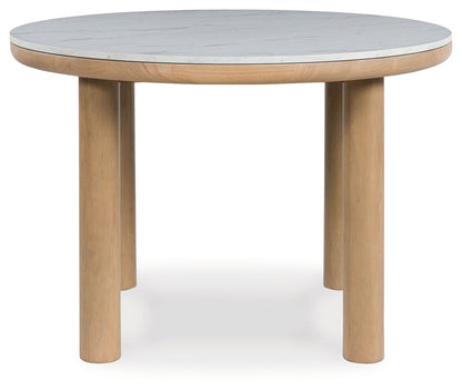Sawdyn - White / Light Brown - 5 Pc. - Round Dining Room Table, 4 Side Chairs - Hornell Furniture Outlet