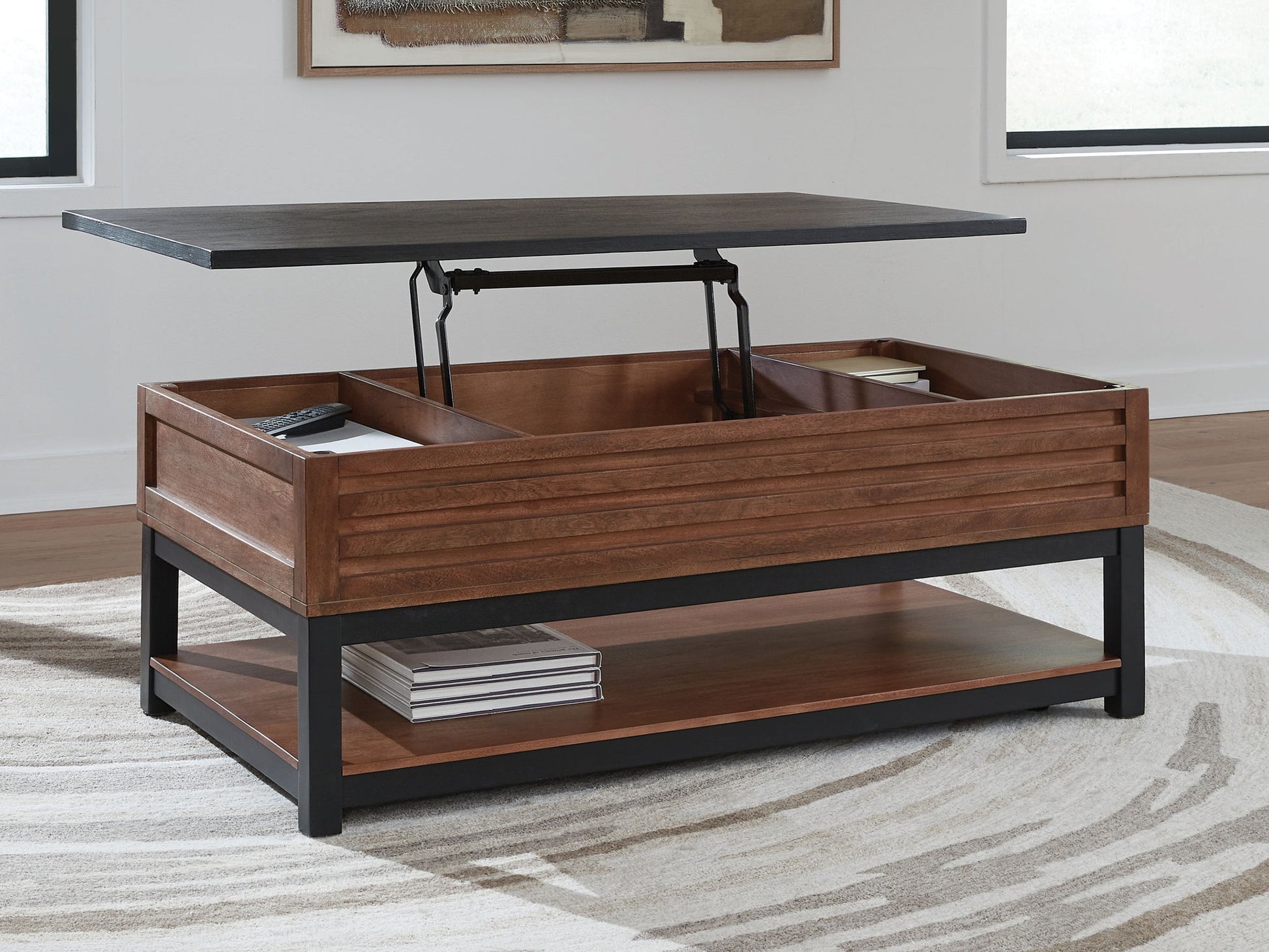 Kallari - Warm Brown / Black - Lift Top Cocktail Table - Hornell Furniture Outlet