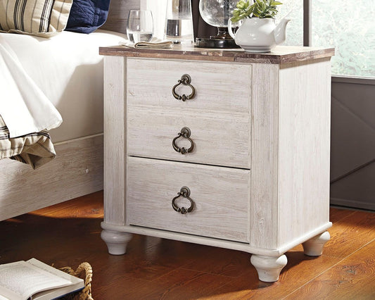 Willowton - Brown / Beige / White - Two Drawer Night Stand - Hornell Furniture Outlet