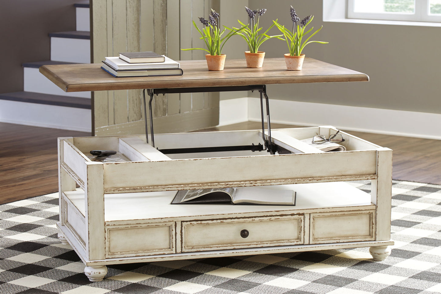 Realyn - Lift Top Cocktail Table - White / Brown - Hornell Furniture Outlet